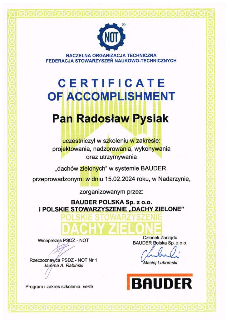 Radosław Pysiak - Certyfikat - Projektowanie "dachów zielonych" w systemie Bauder
