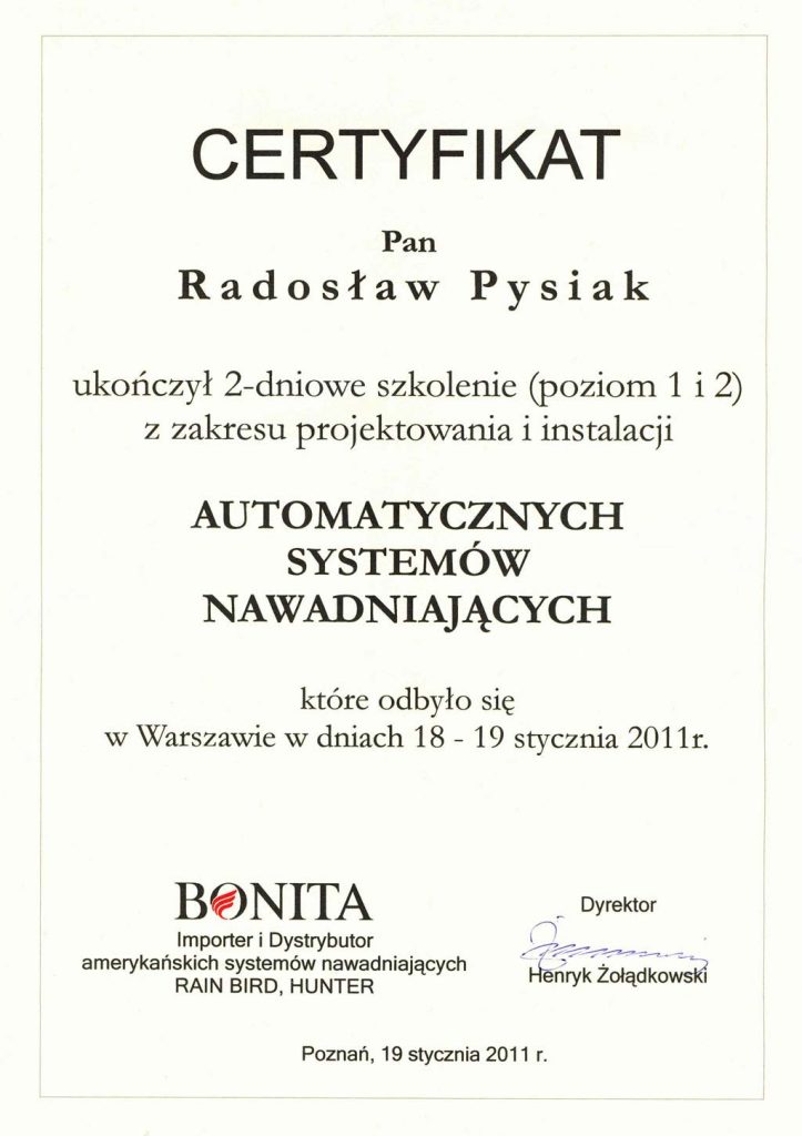 Radosław Pysiak - Certyfikat - Projektowanie i instalacja automatycznych systemów nawadniających
