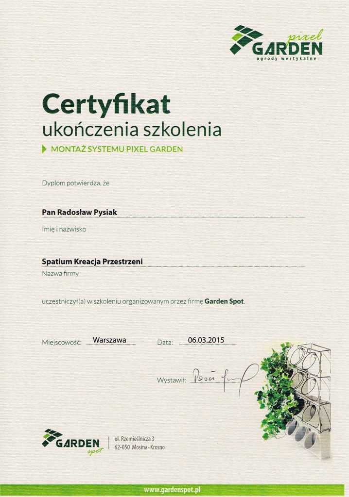 Radosław Pysiak - Certyfikat - Montaż systemu Pixel Garden - Garden Spot